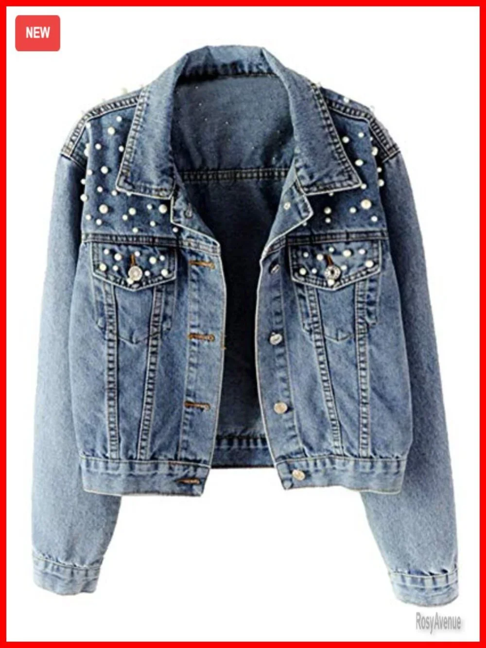 Oversized Denim Jacket with Pearls Beading Long Sleeve Button Up